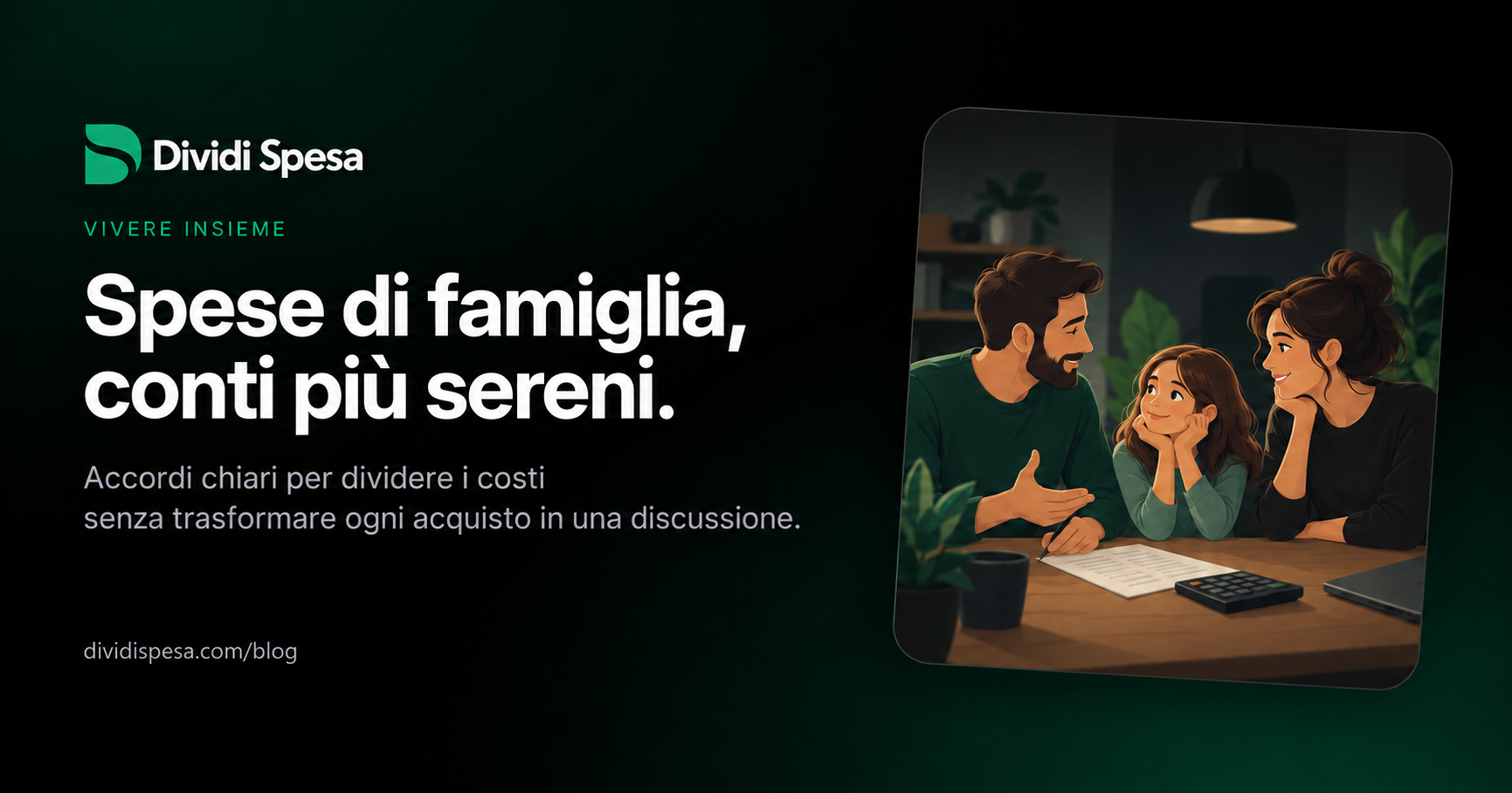 Famiglia illustrata che parla delle spese di casa: accordi chiari e conti più sereni