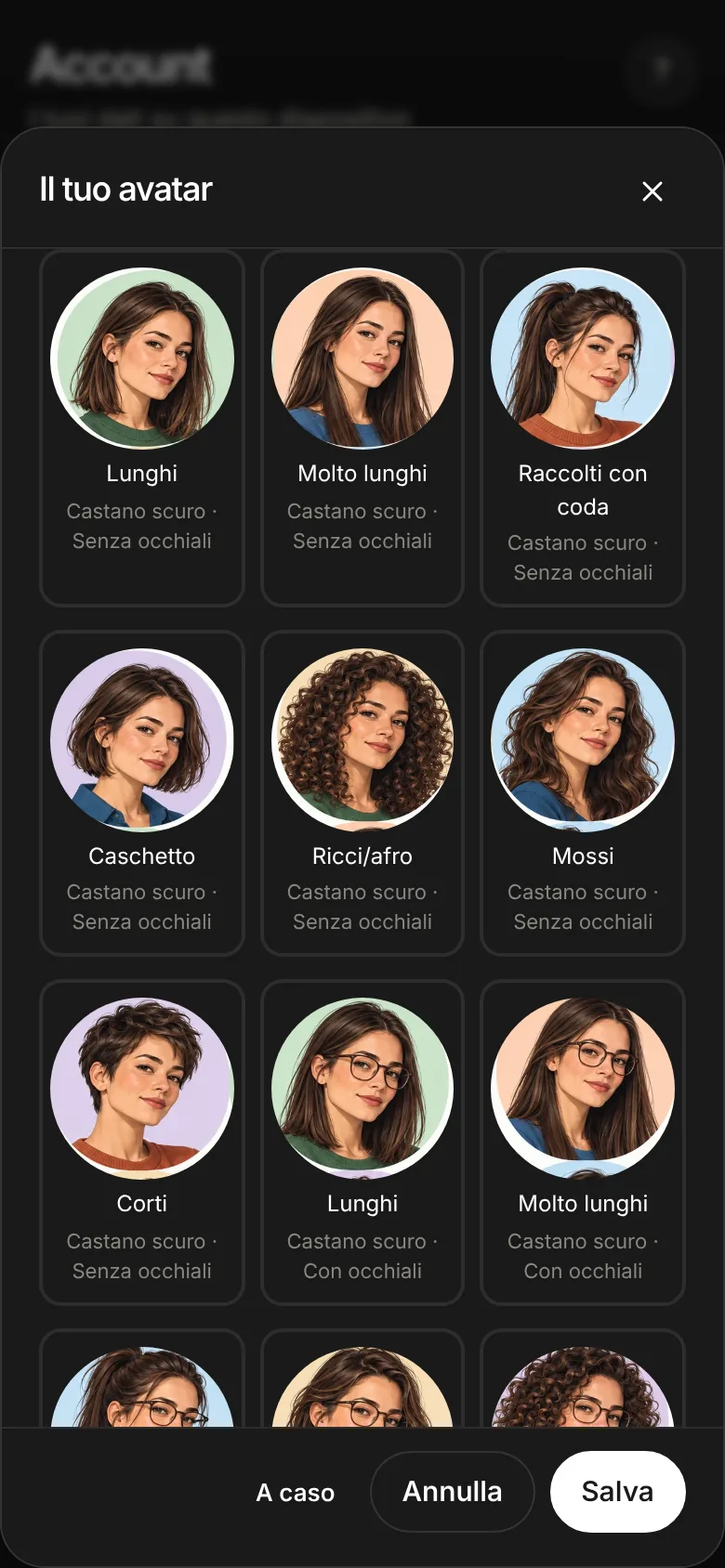 Selezione avatar con volto femminile: ritratti illustrati con capelli lunghi, caschetto, ricci, con e senza occhiali.