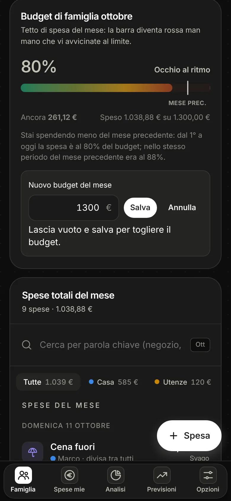 Schermata di Dividi Spesa: il budget di famiglia del mese con la barra dal verde al rosso, il confronto con il mese precedente e il campo per impostare un nuovo budget