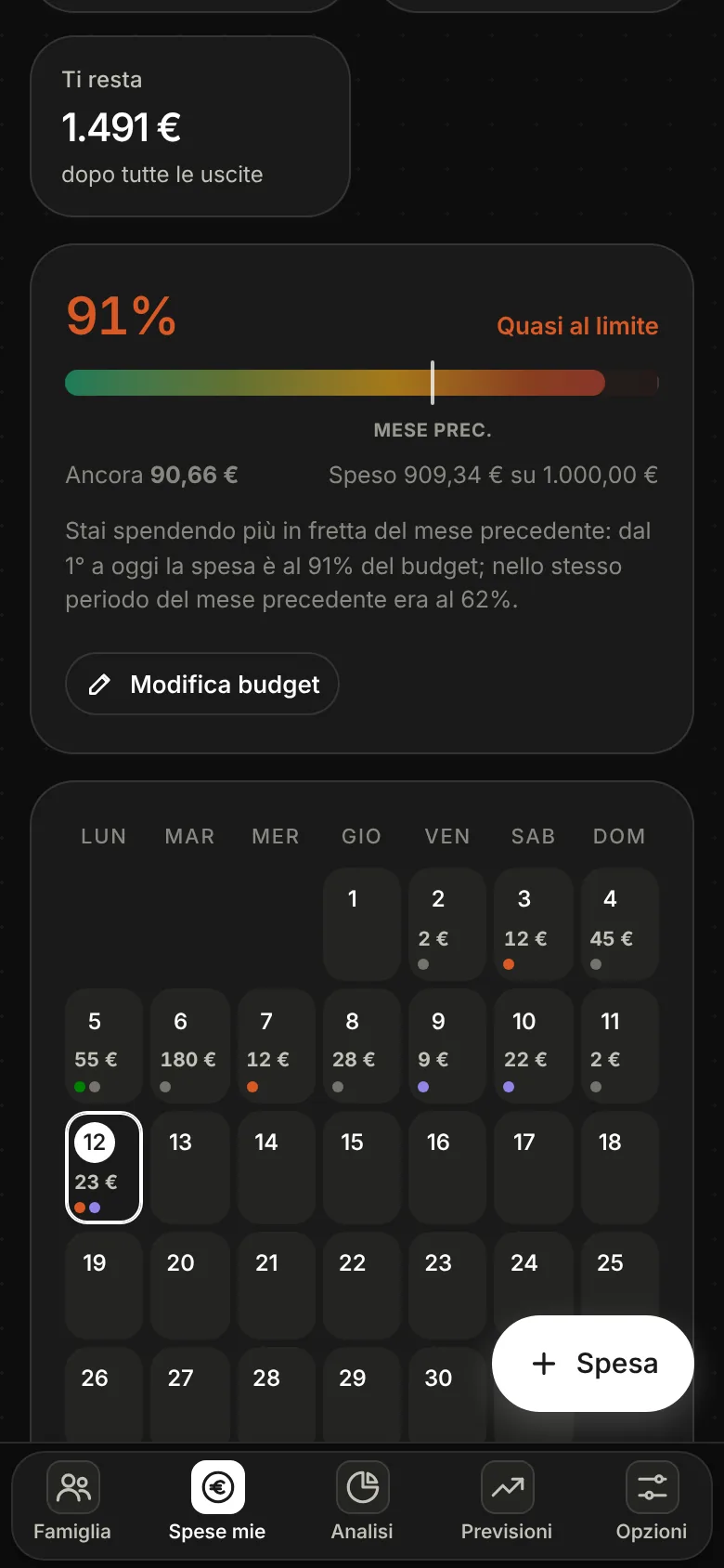 Schermata di Dividi Spesa: la sezione Spese mie con la barra del budget personale e il calendario delle spese di ogni giorno, visibile solo al titolare