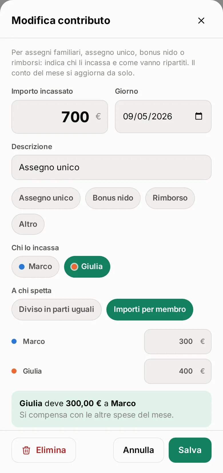 Schermata di Dividi Spesa: la scheda di un assegno unico incassato da uno dei due, con gli importi spettanti a ciascun membro e l'effetto sul conto